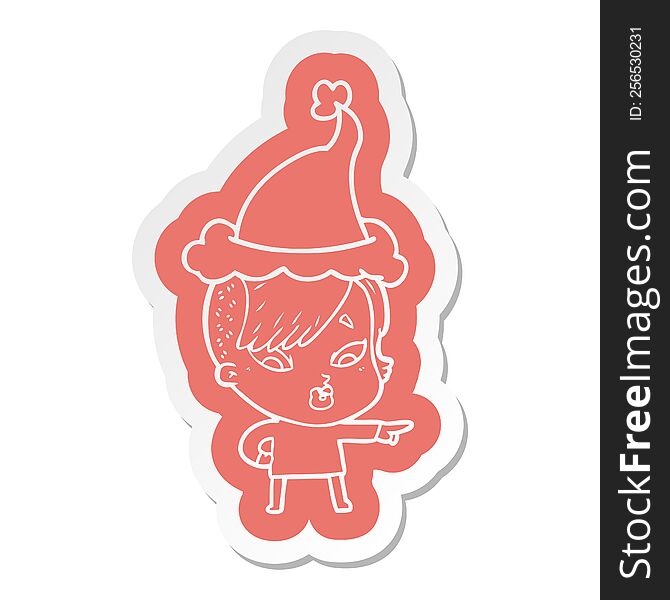 quirky cartoon  sticker of a surprised girl pointing wearing santa hat