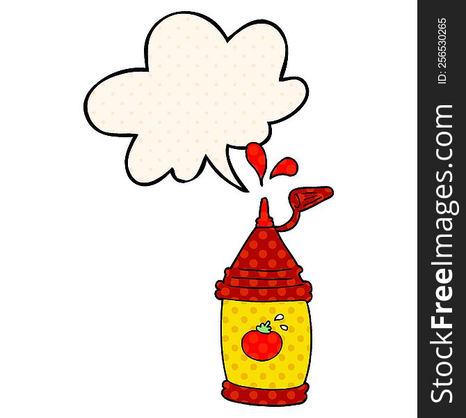 cartoon ketchup bottle with speech bubble in comic book style