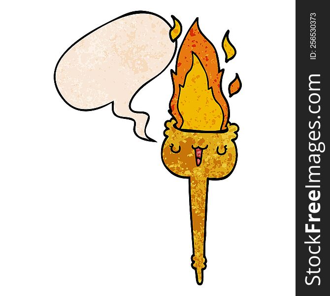 Cartoon Flaming Torch And Speech Bubble In Retro Texture Style