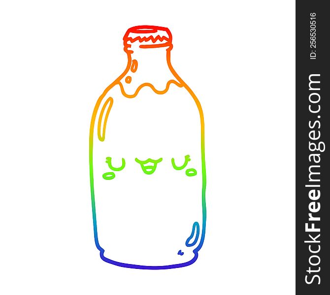 rainbow gradient line drawing of a cute cartoon milk bottle