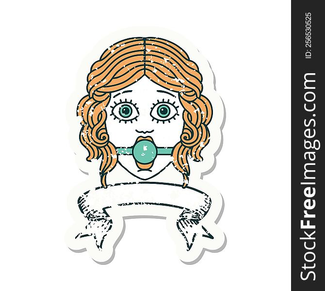 Grunge Sticker With Banner Of Female Face With Ball Gag
