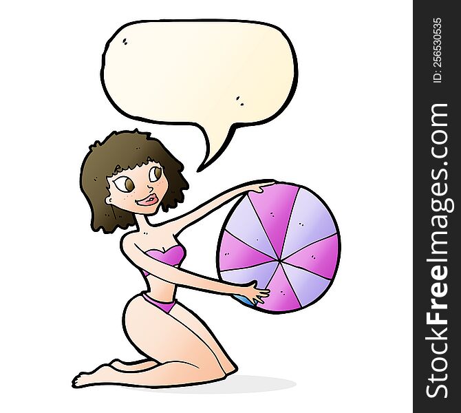 Cartoon Bikini Girl With Beach Ball With Speech Bubble