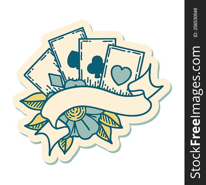 tattoo style sticker of cards and banner