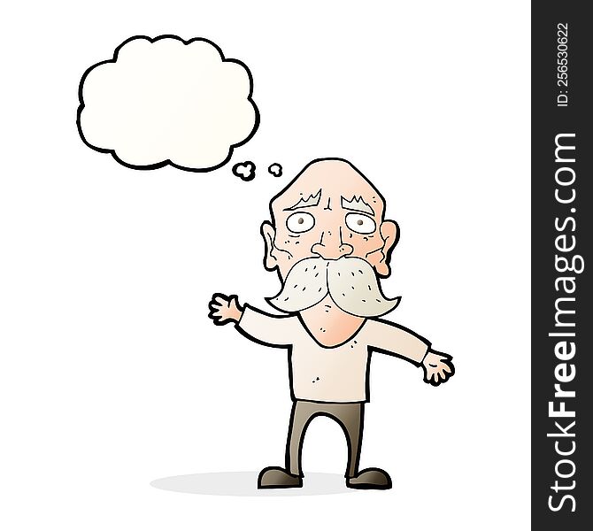 cartoon worried old man with thought bubble