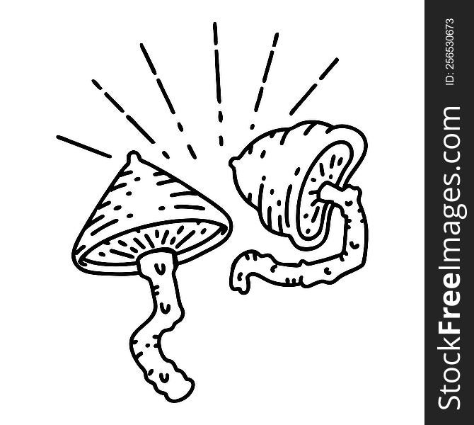 illustration of a traditional black line work tattoo style mushrooms