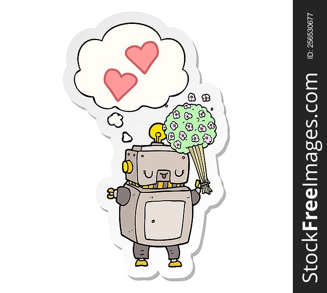 cartoon robot in love and thought bubble as a printed sticker