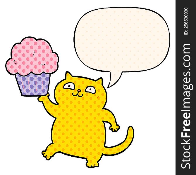 cartoon cat with cupcake with speech bubble in comic book style. cartoon cat with cupcake with speech bubble in comic book style