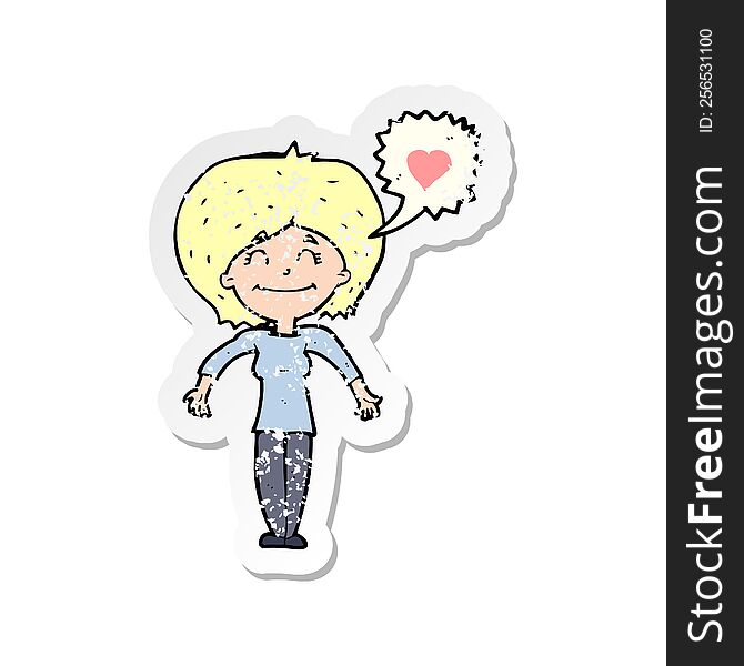 retro distressed sticker of a cartoon happy woman in love