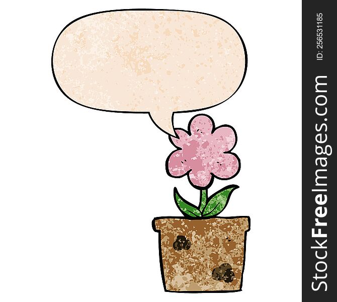 Cute Cartoon Flower And Speech Bubble In Retro Texture Style