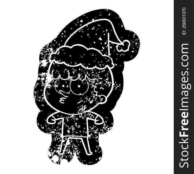 Cartoon Distressed Icon Of A Curious Boy Wearing Santa Hat