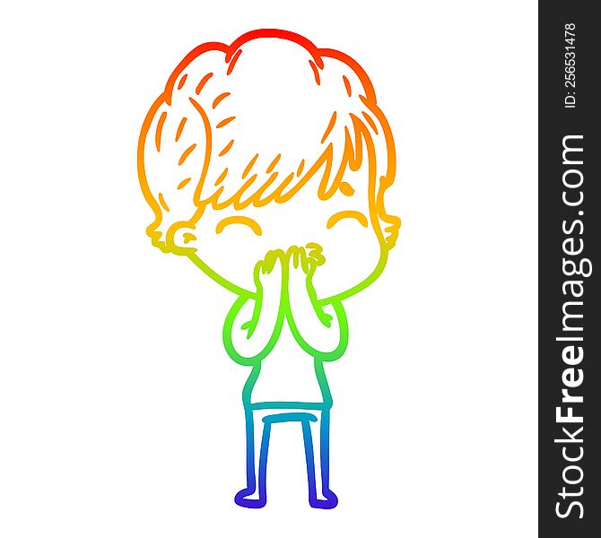 Rainbow Gradient Line Drawing Cartoon Woman Thinking