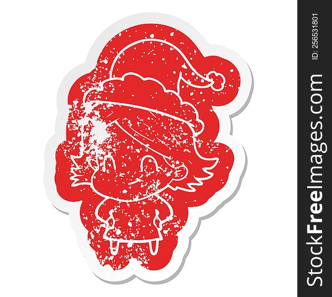 cartoon distressed sticker of a friendly girl wearing santa hat