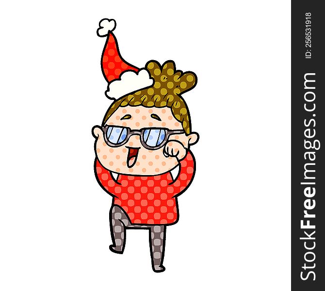Comic Book Style Illustration Of A Happy Woman Wearing Spectacles Wearing Santa Hat