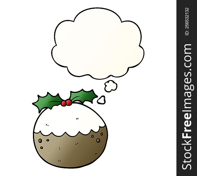 Cartoon Christmas Pudding And Thought Bubble In Smooth Gradient Style