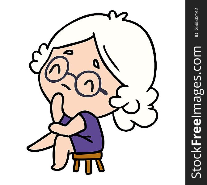 Cartoon Of A Cute Kawaii Lady Thinking