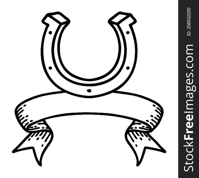 traditional black linework tattoo with banner of a horse shoe