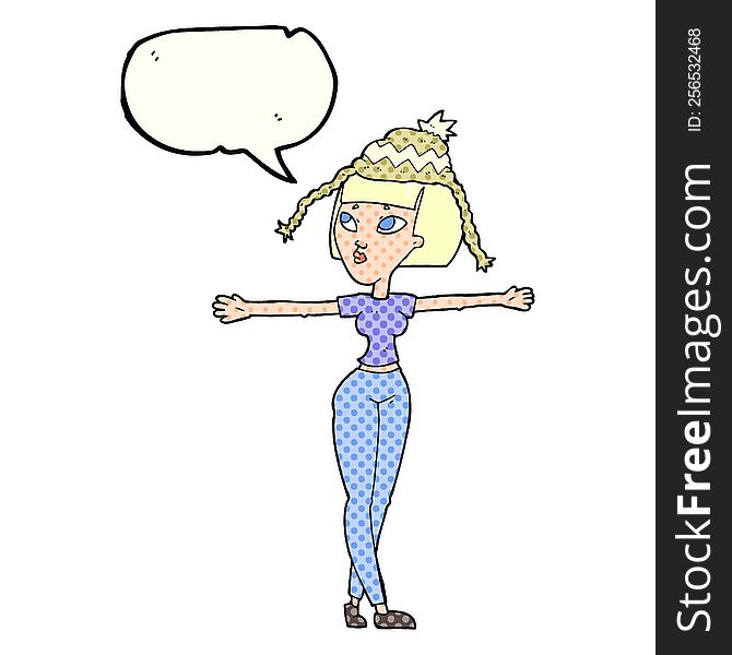 freehand drawn comic book speech bubble cartoon woman wearing hat