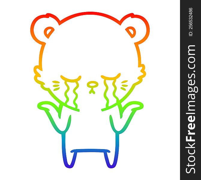 Rainbow Gradient Line Drawing Crying Cartoon Polar Bear Shrugging Shoulders