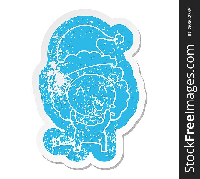 Happy Cartoon Distressed Sticker Of A Lion Wearing Santa Hat