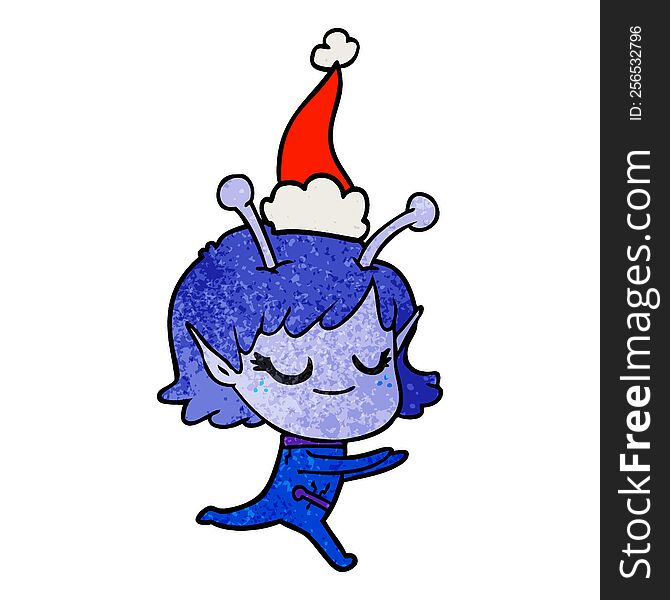 smiling alien girl hand drawn textured cartoon of a running wearing santa hat