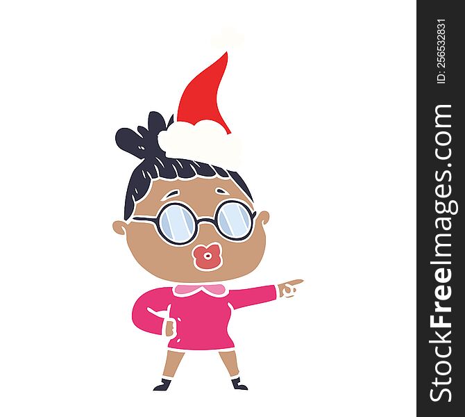 flat color illustration of a pointing woman wearing spectacles wearing santa hat