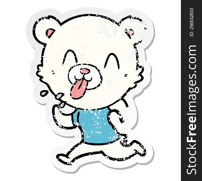 Distressed Sticker Of A Rude Cartoon Polar Bear Sticking Out Tongue