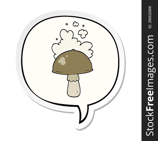 cartoon mushroom with spore cloud with speech bubble sticker. cartoon mushroom with spore cloud with speech bubble sticker