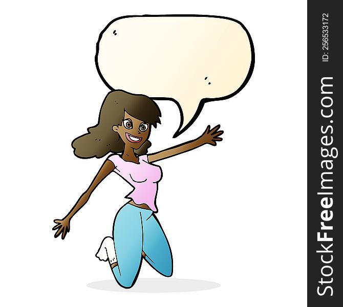 cartoon jumping woman with speech bubble