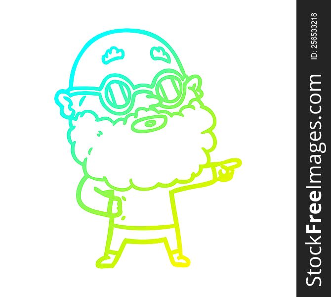 cold gradient line drawing of a cartoon curious man with beard and glasses