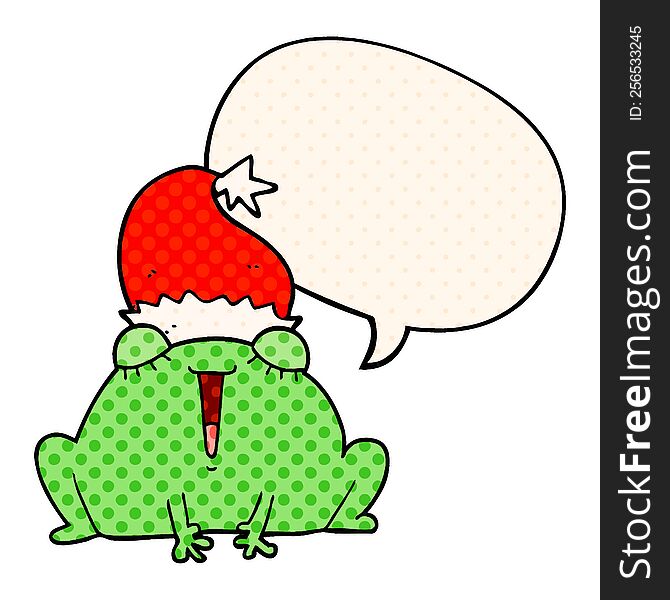 cute cartoon christmas frog with speech bubble in comic book style