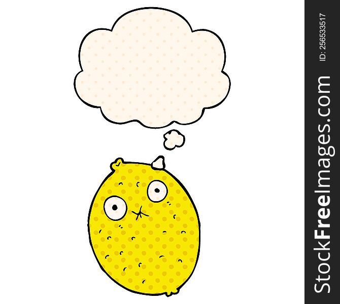 cartoon bitter lemon with thought bubble in comic book style