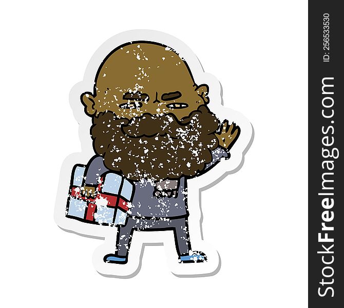 distressed sticker of a cartoon man with beard frowning with xmas gift