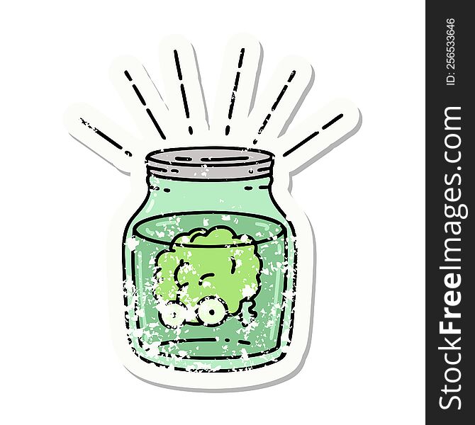 Grunge Sticker Of Tattoo Style Brain In Jar