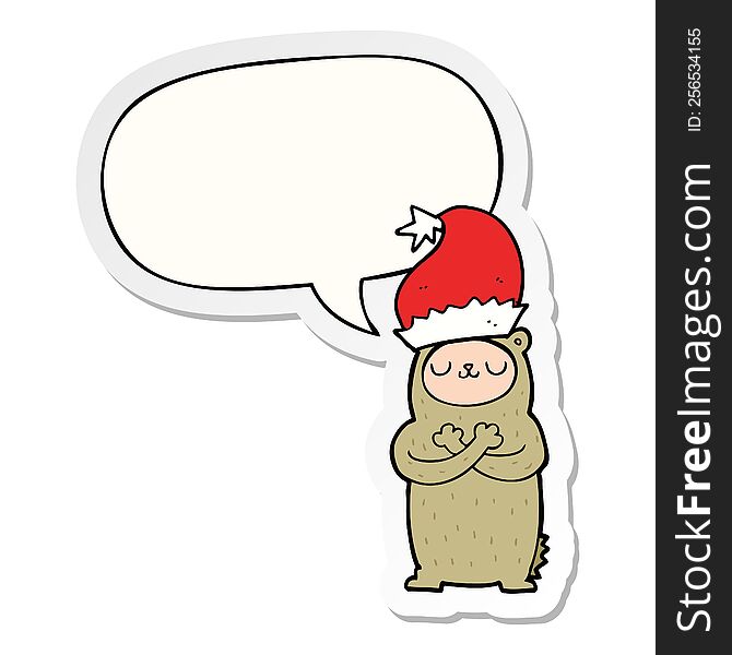 cartoon bear wearing christmas hat with speech bubble sticker