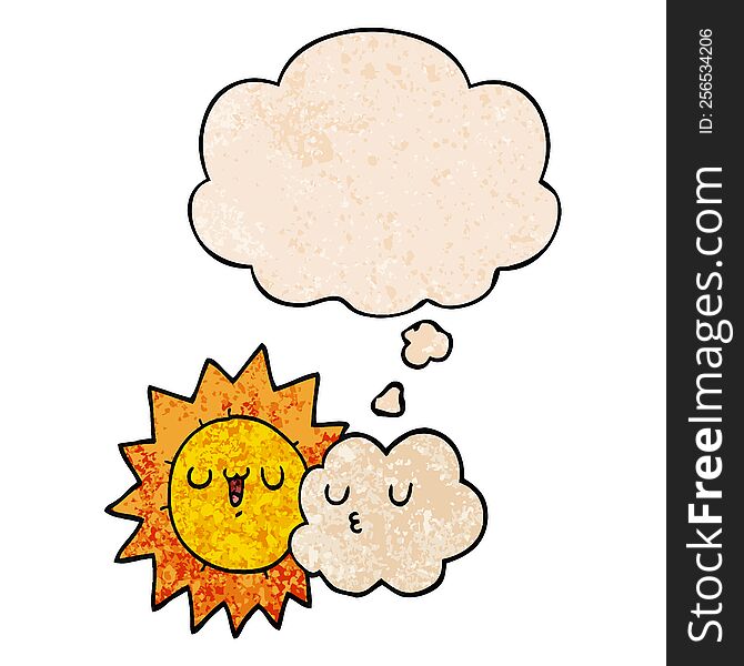 Cartoon Sun And Cloud And Thought Bubble In Grunge Texture Pattern Style
