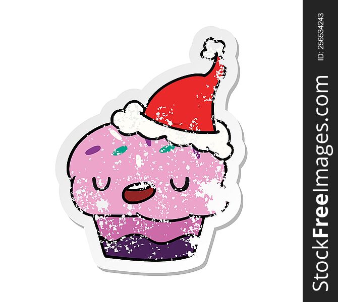 Christmas Distressed Sticker Cartoon Of Kawaii Cupcake