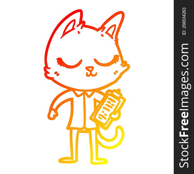warm gradient line drawing of a calm cartoon cat with clipboard