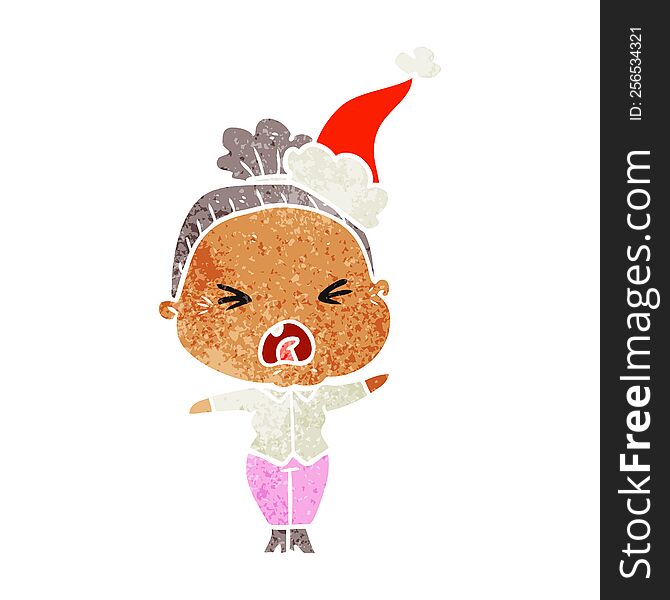 retro cartoon of a angry old woman wearing santa hat