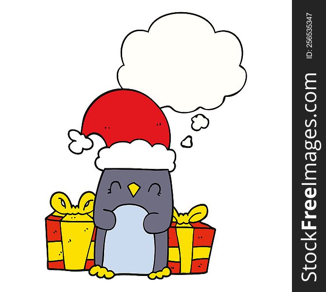 cute christmas penguin with thought bubble. cute christmas penguin with thought bubble