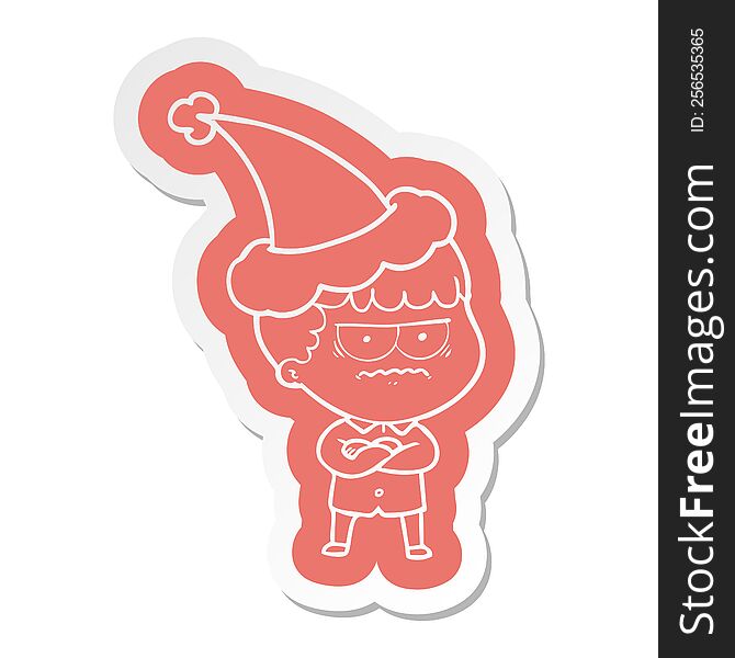 Cartoon  Sticker Of An Annoyed Man Wearing Santa Hat