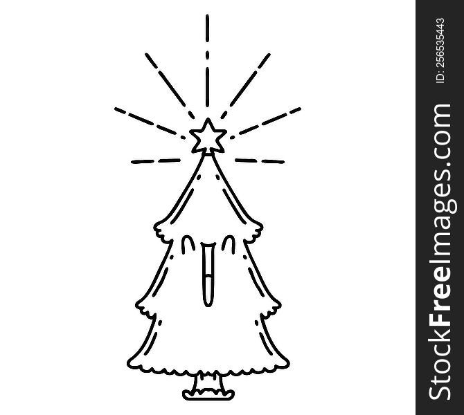 Traditional Black Line Work Tattoo Style Christmas Tree With Star