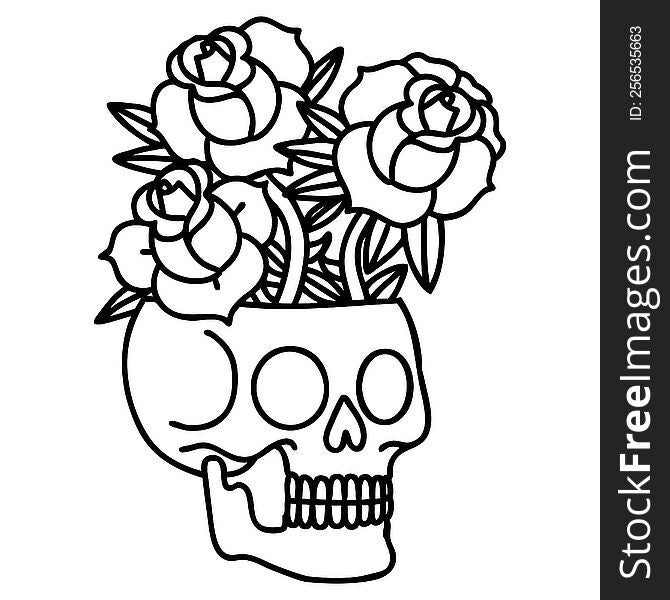 black line tattoo of a skull and roses