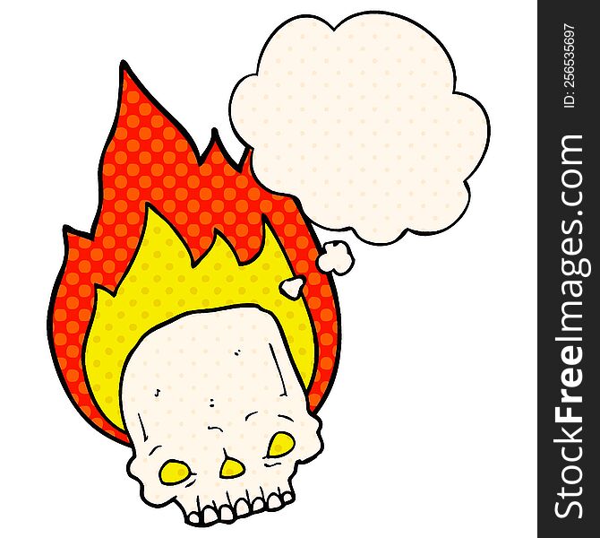spooky cartoon flaming skull with thought bubble in comic book style