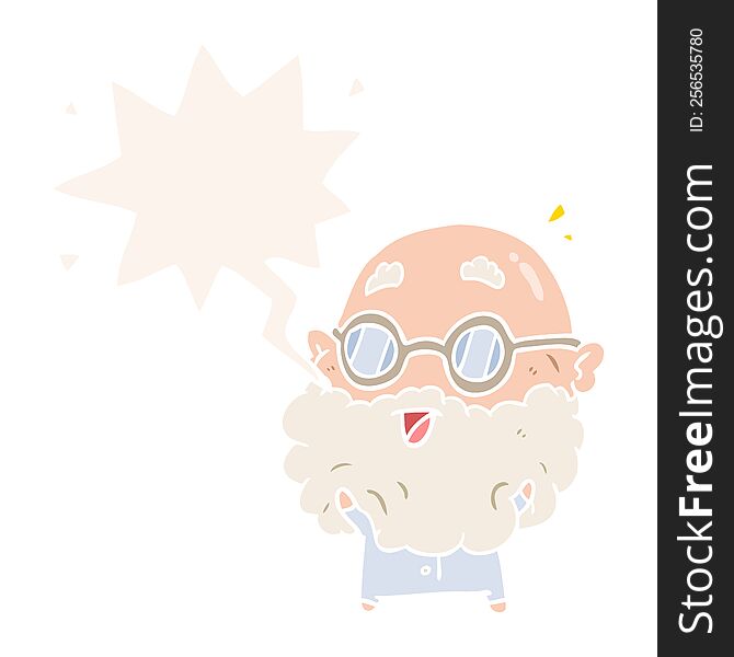 cute cartoon surprised old man with speech bubble in retro style