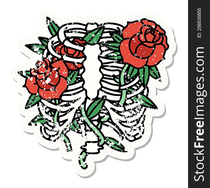 distressed sticker tattoo in traditional style of a rib cage and flowers. distressed sticker tattoo in traditional style of a rib cage and flowers