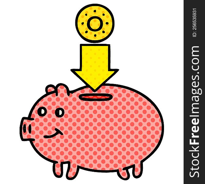 comic book style cartoon of a piggy bank