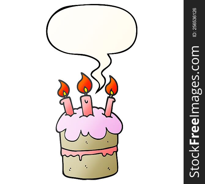 cartoon birthday cake with speech bubble in smooth gradient style
