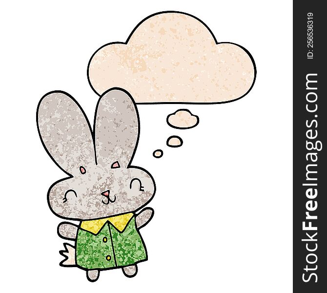 Cute Cartoon Tiny Rabbit And Thought Bubble In Grunge Texture Pattern Style