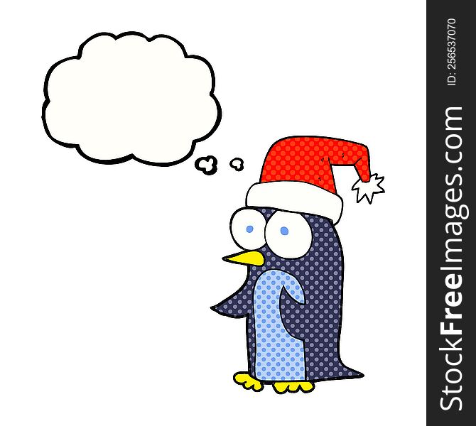 freehand drawn thought bubble cartoon christmas penguin