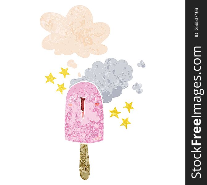 Cute Cartoon Ice Lolly And Thought Bubble In Retro Textured Style